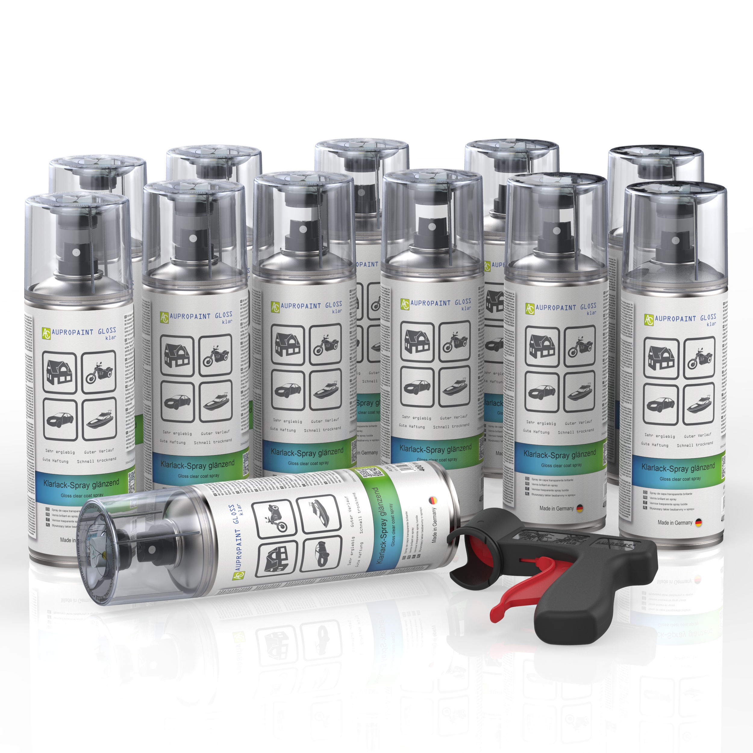 12 Dosen AUPROPAINT GLOSS Klarlack Spray glänzend 400ml mit Pistolengriff