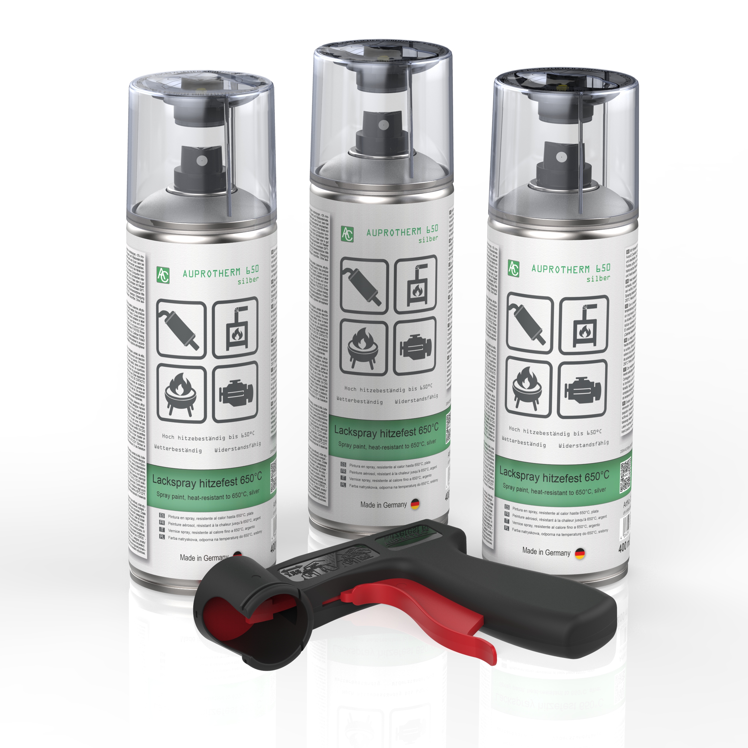 3 Dosen AUPROTHERM 650 Lackspray silber hitzefest 400ml mit Pistolengriff