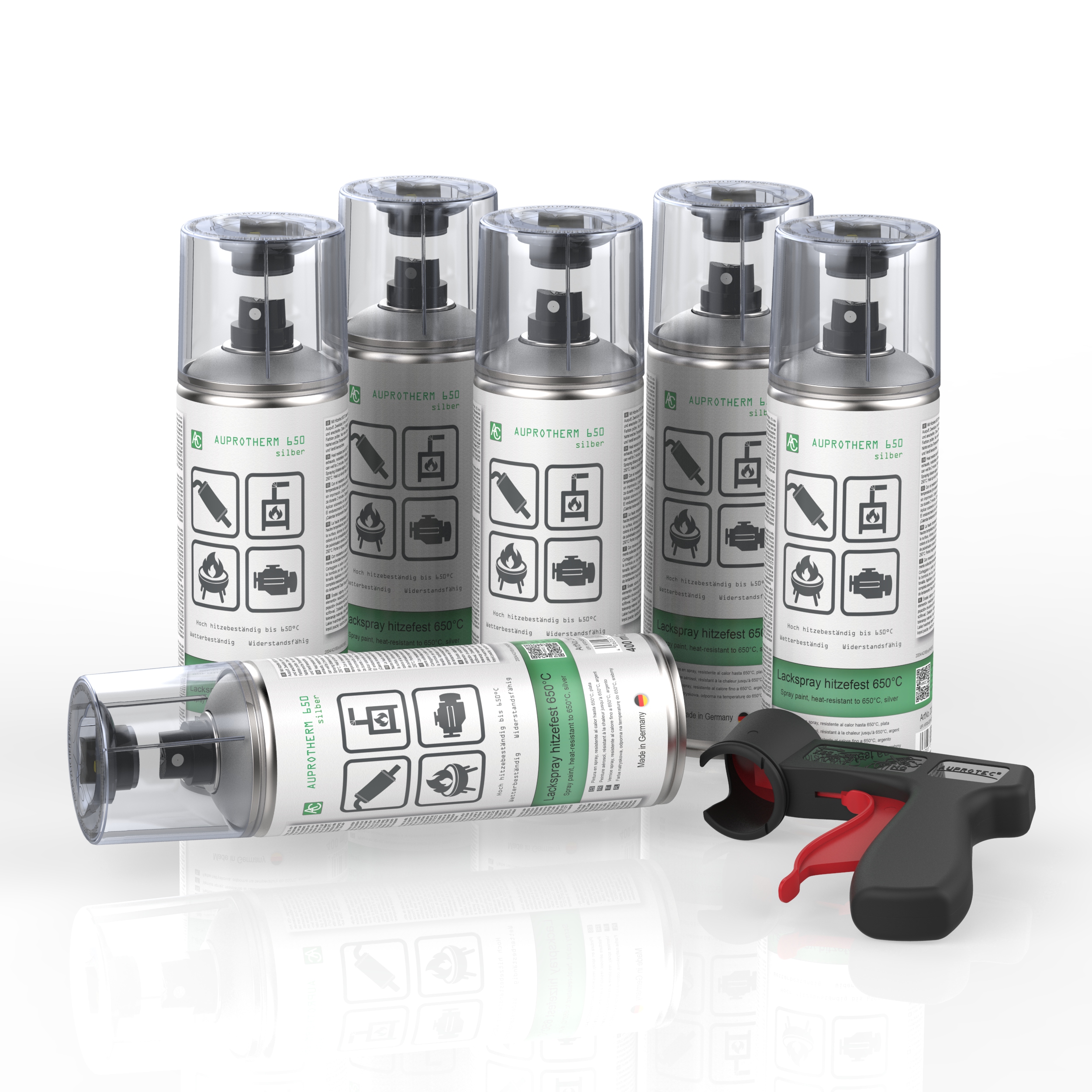 6 Dosen AUPROTHERM 650 Lackspray silber hitzefest 400ml mit Pistolengriff