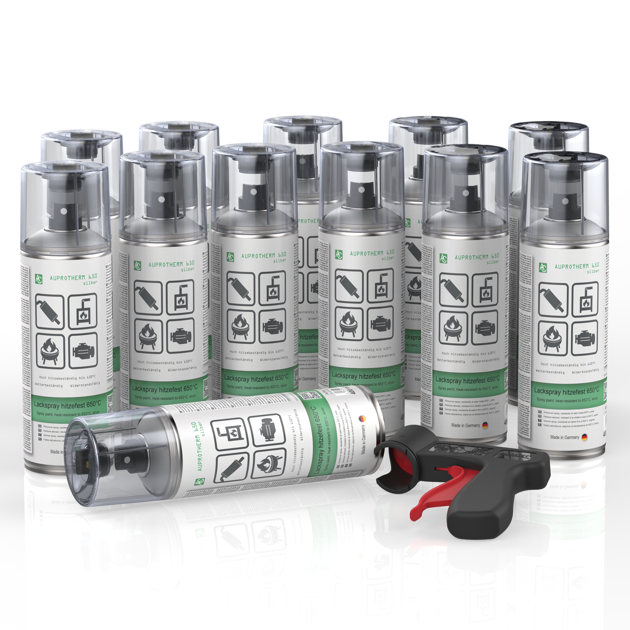12 Dosen AUPROTHERM 650 Lackspray silber hitzefest 400ml mit Pistolengriff