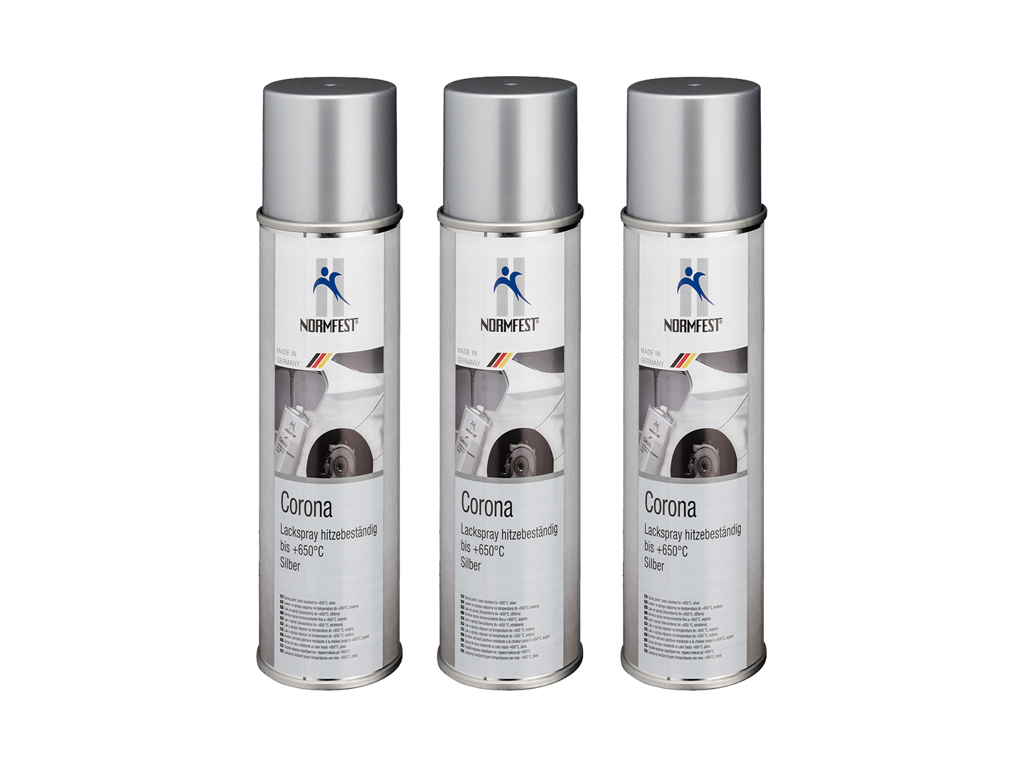 Pistolengriff + Normfest Lackspray Corona Silber Motor Lack Sprühlack Hitzefest 650°C Auspuff Spray 3X 400ml