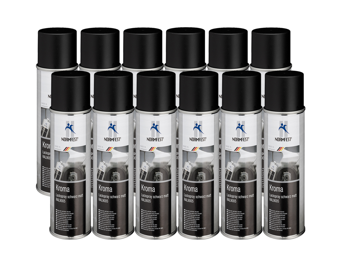 Pistolengriff + Normfest Lackspray Autolack Schwarz Matt benzinfest Kroma Sprühlack Farb Spray 12x 400ml