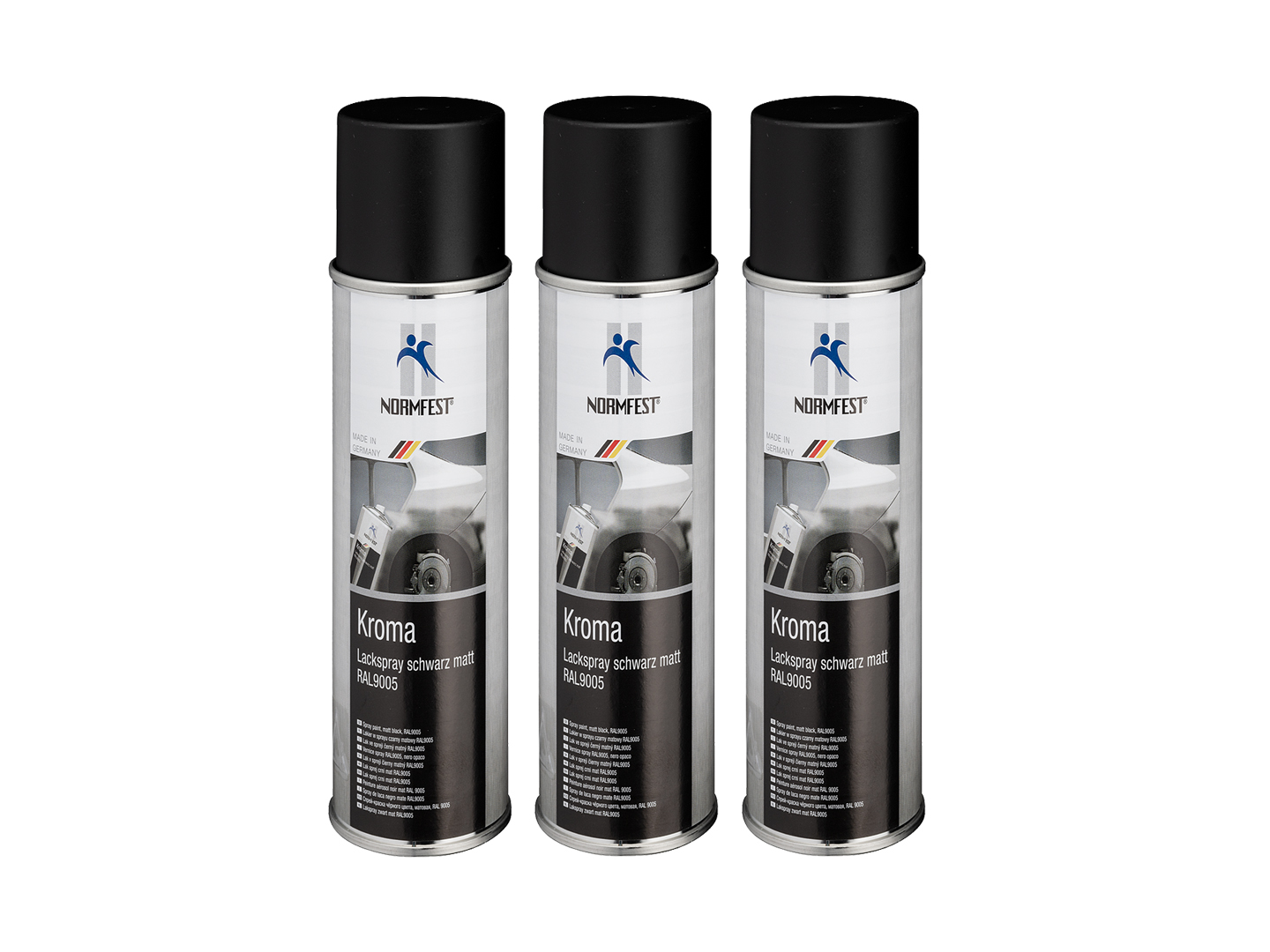 Pistolengriff + Normfest Lackspray Autolack Schwarz Matt benzinfest Kroma Sprühlack Farb Spray 3x 400ml