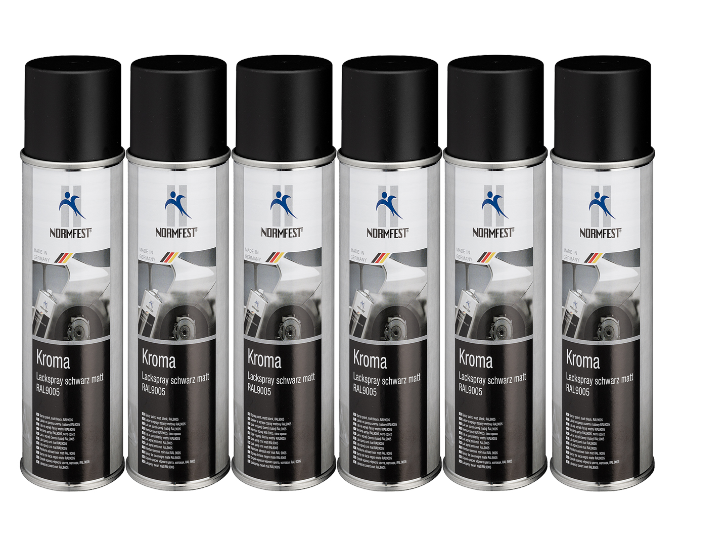 Pistolengriff + Normfest Lackspray Autolack Schwarz Matt benzinfest Kroma Sprühlack Farb Spray 6x 400ml