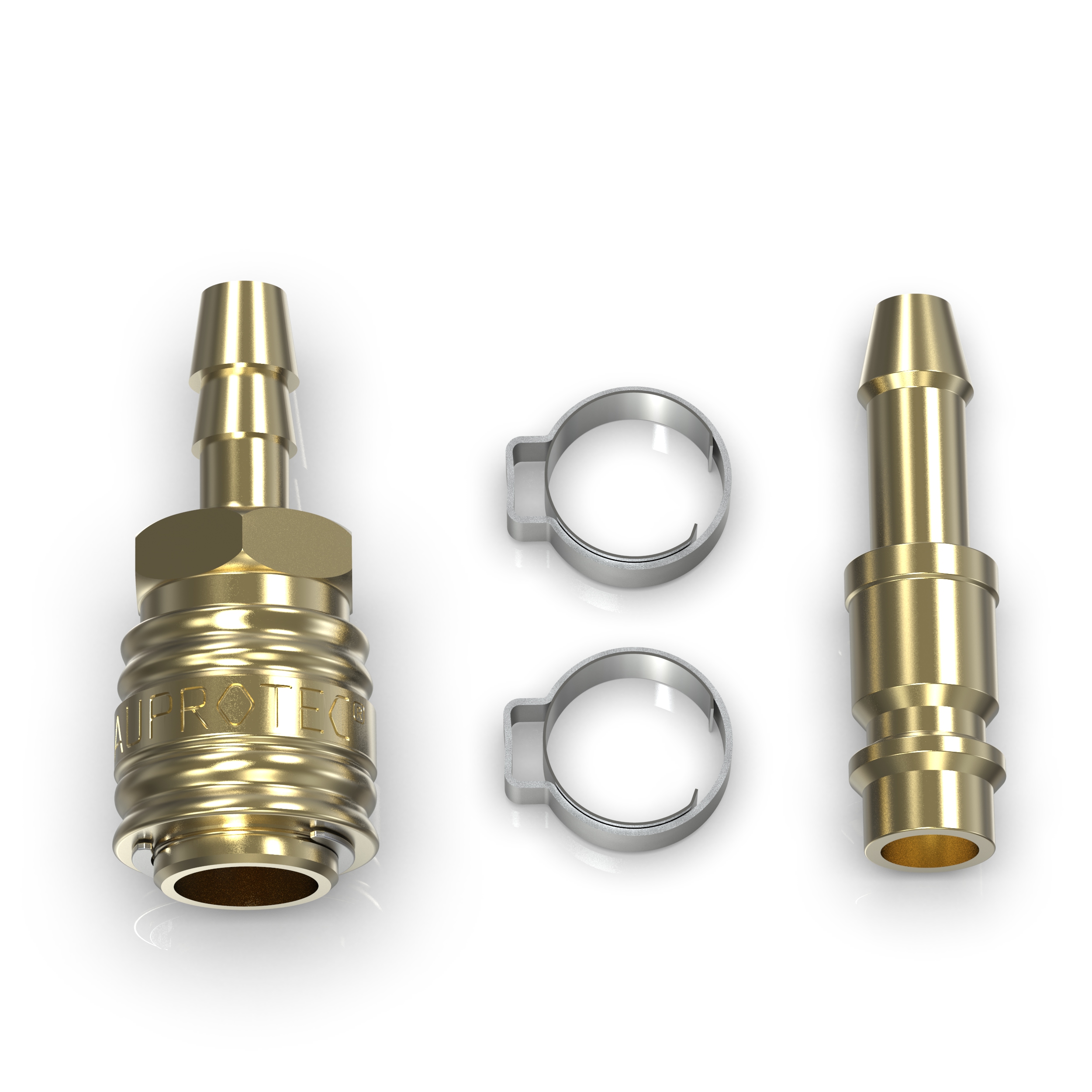 Set Druckluftkupplung Messing + Stecktülle + Einohrschellen, 4-tlg.