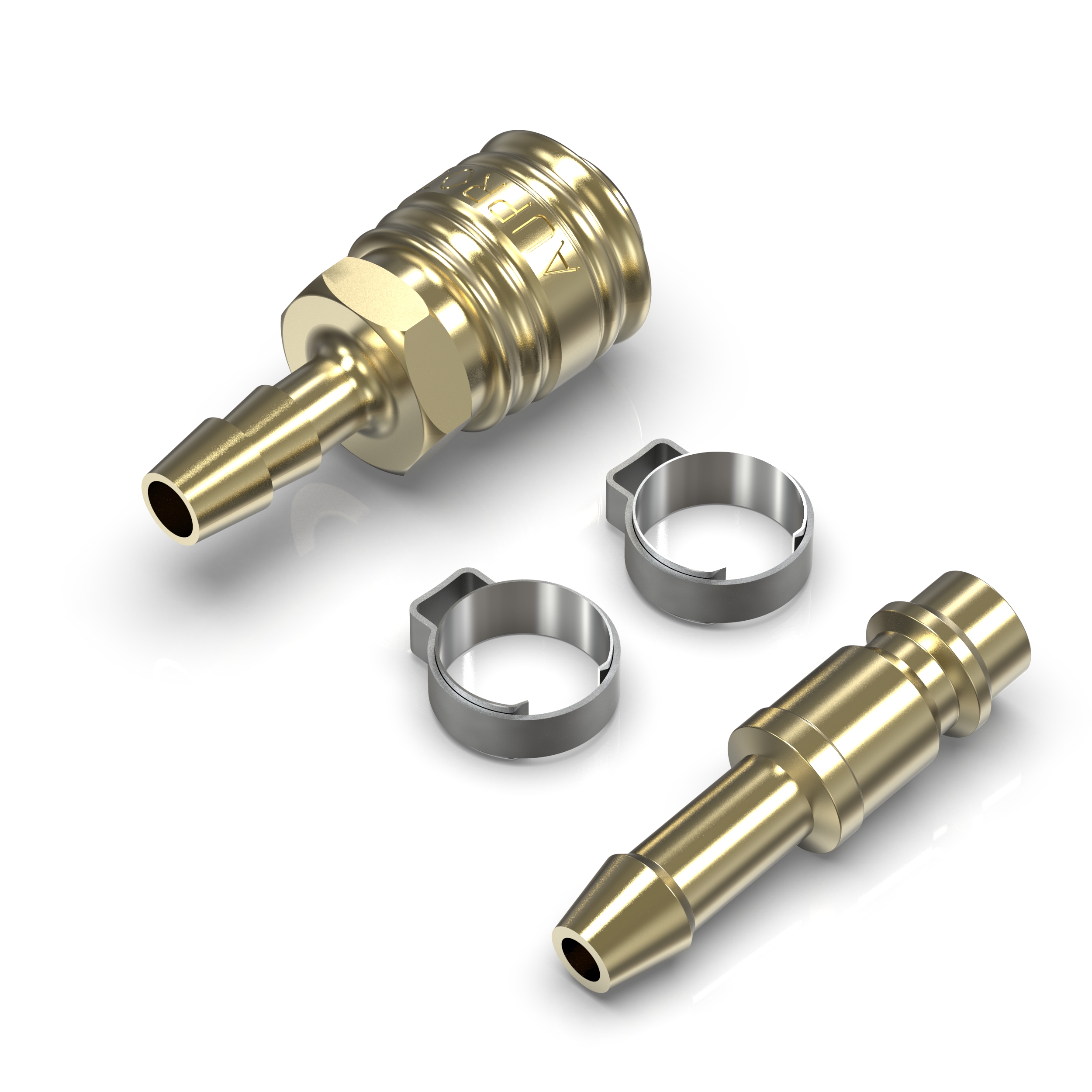 Set Druckluftkupplung Messing Kupplung & Stecktülle + Einohrschellen, 4-tlg. für 9 mm Schlauchanschluss