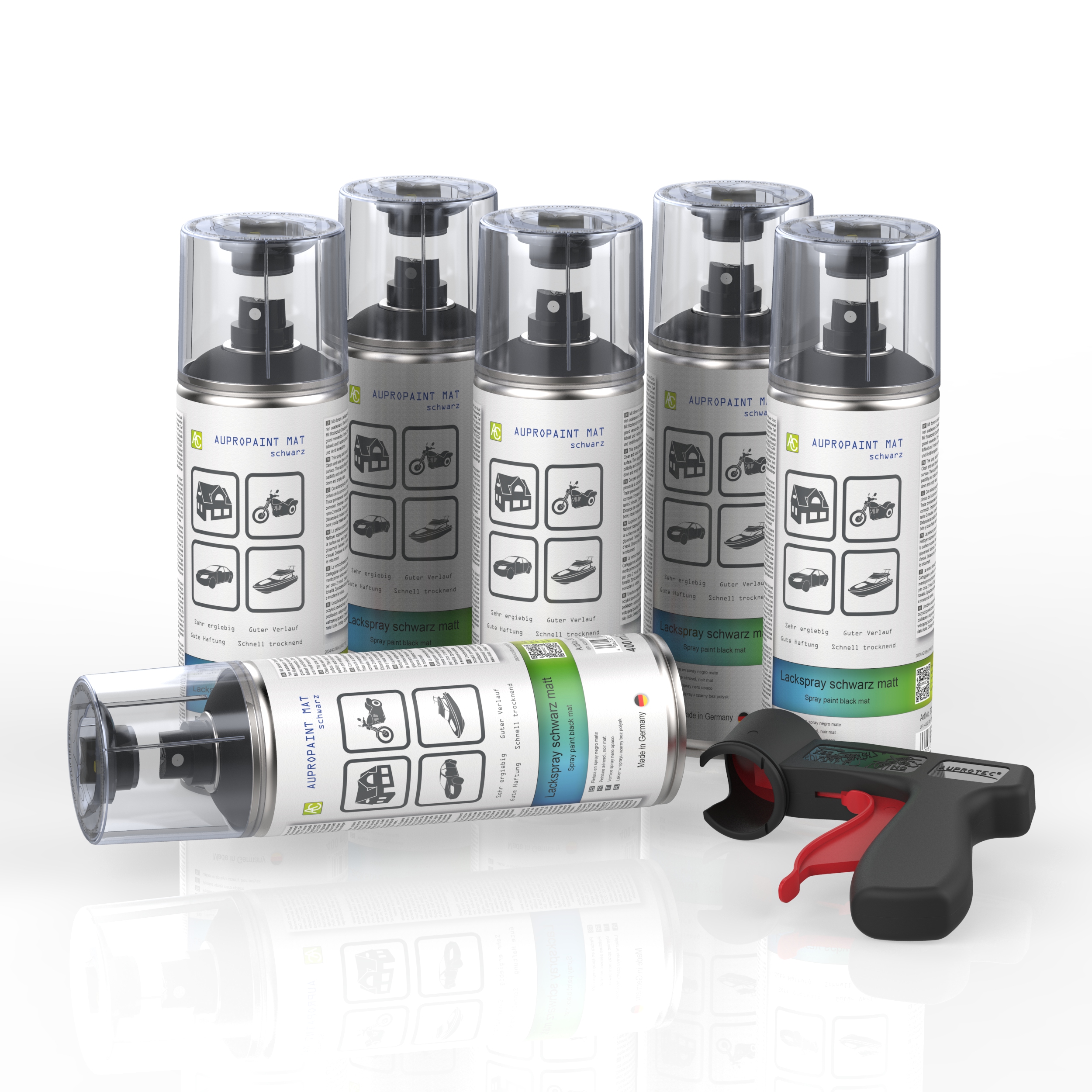 6 Dosen AUPROPAINT MAT Lackspray schwarz matt 400ml mit Pistolengriff