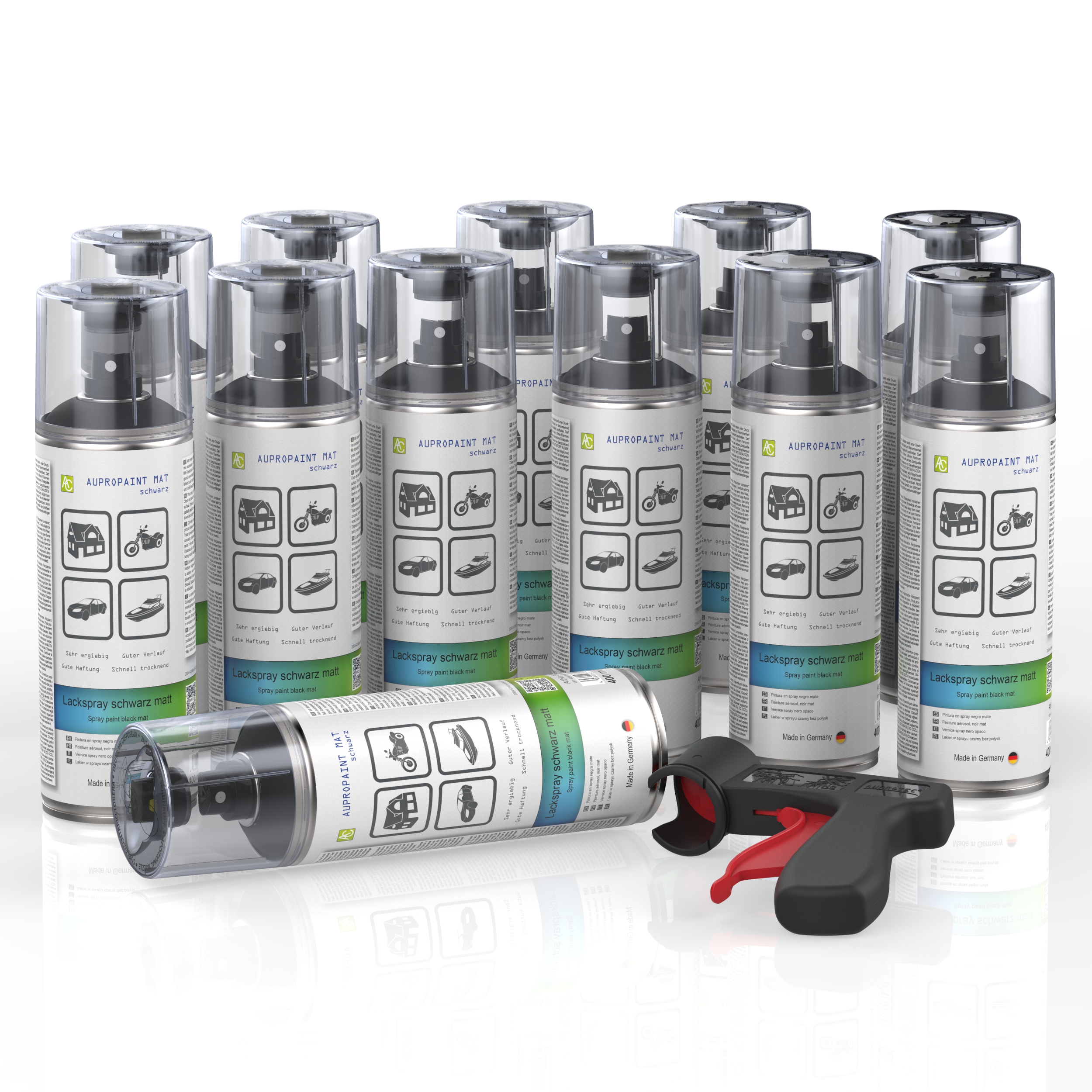 12 Dosen AUPROPAINT MAT Lackspray schwarz matt 400ml mit Pistolengriff
