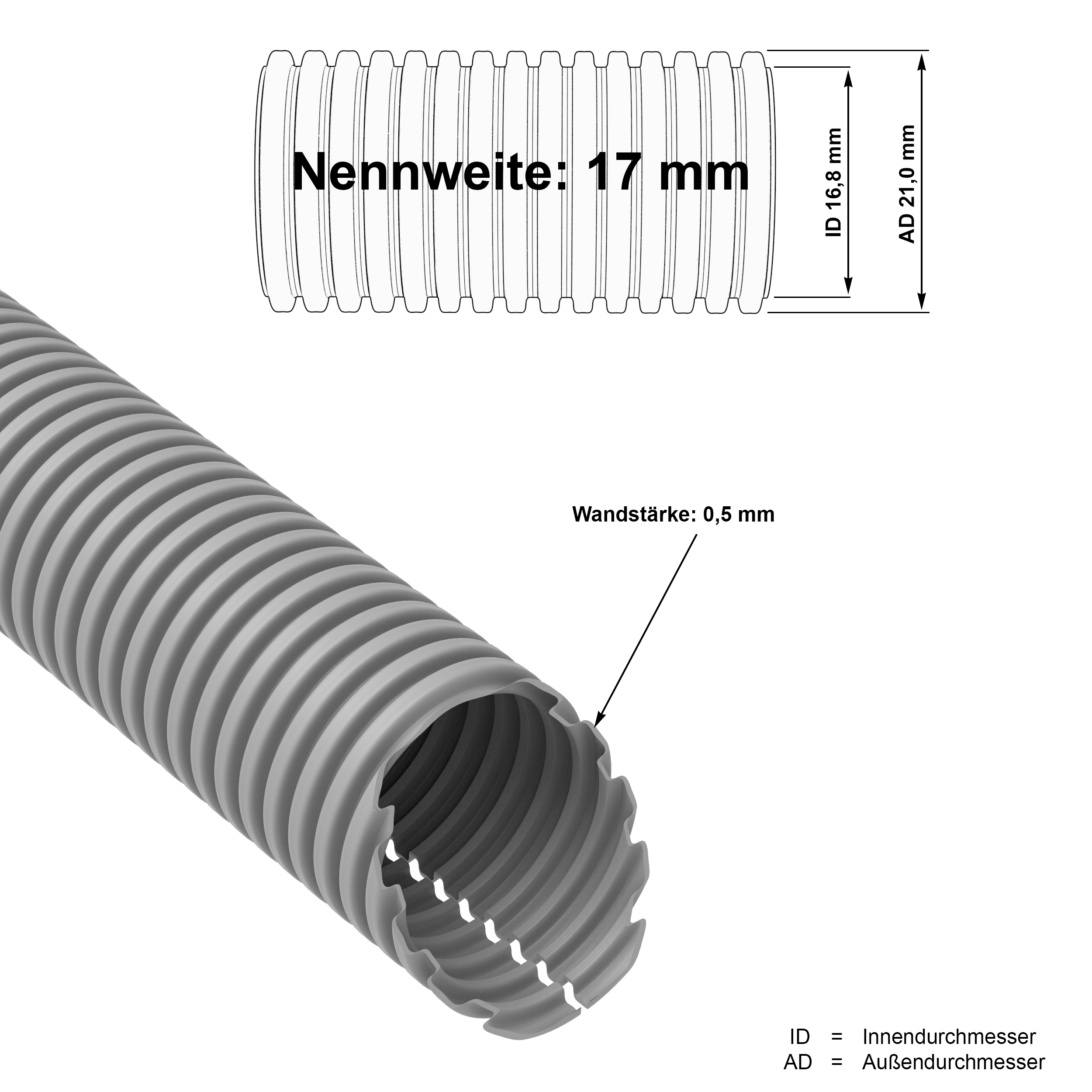 2m PP Wellrohr grau geschlitzt M20 innen Ø 17 mm UV- und Hitze beständig