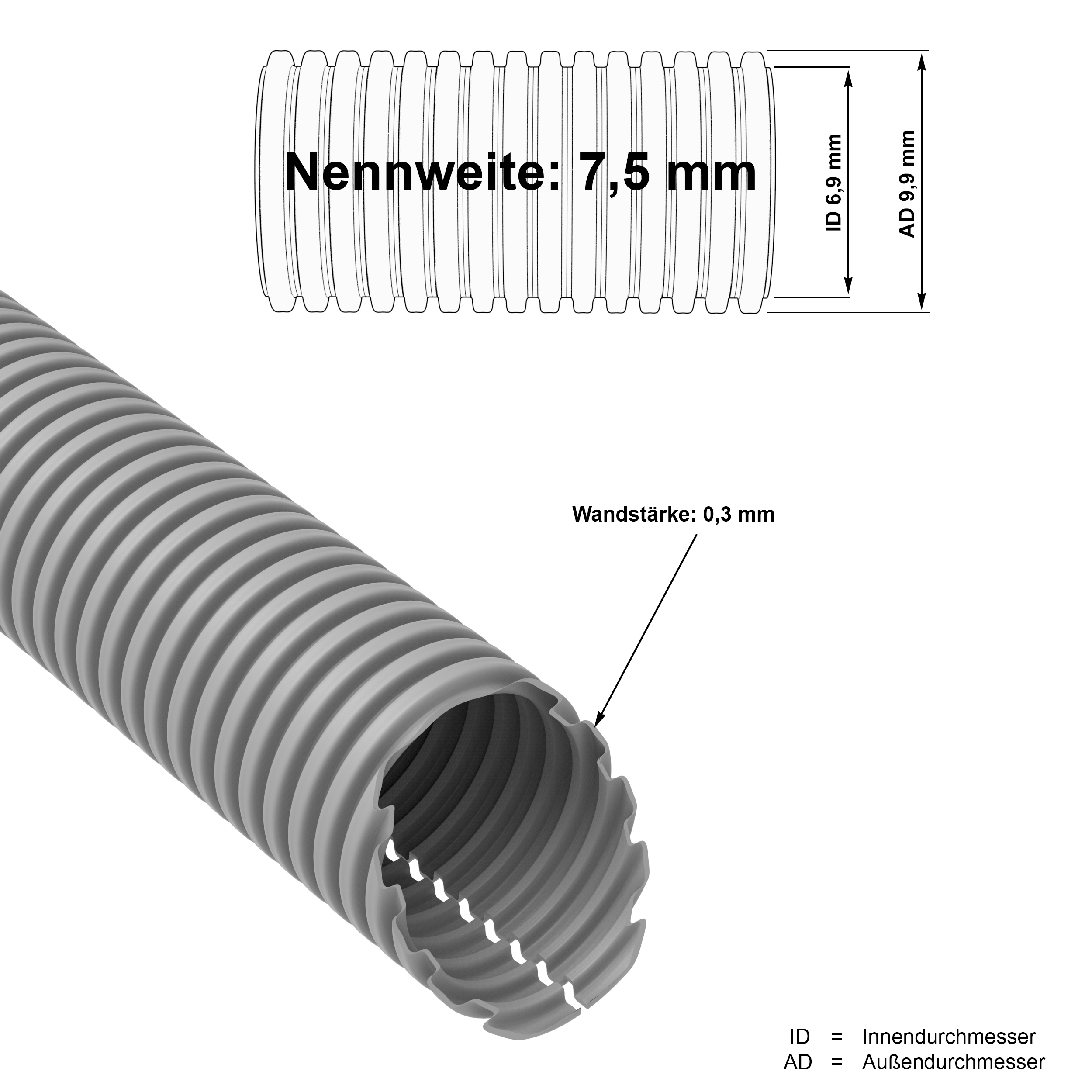 Ø 7,5 mm / Außen Ø 10 mm Wellrohr grau Wellschlauch geschlitzt PP hitzebeständig Meterware