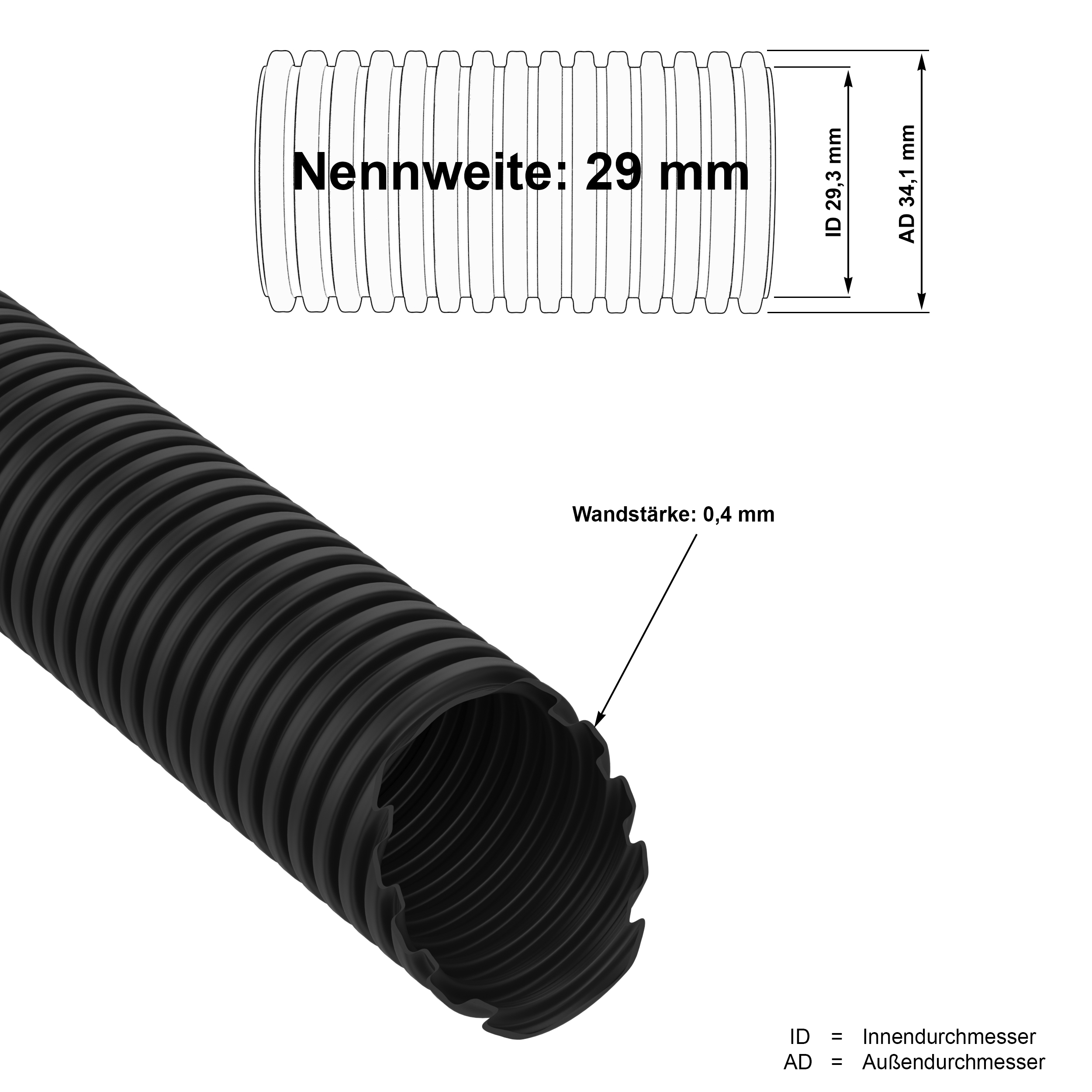 10m PP Wellrohr schwarz ungeschlitzt M32 innen Ø 29 mm UV- und Hitze beständig