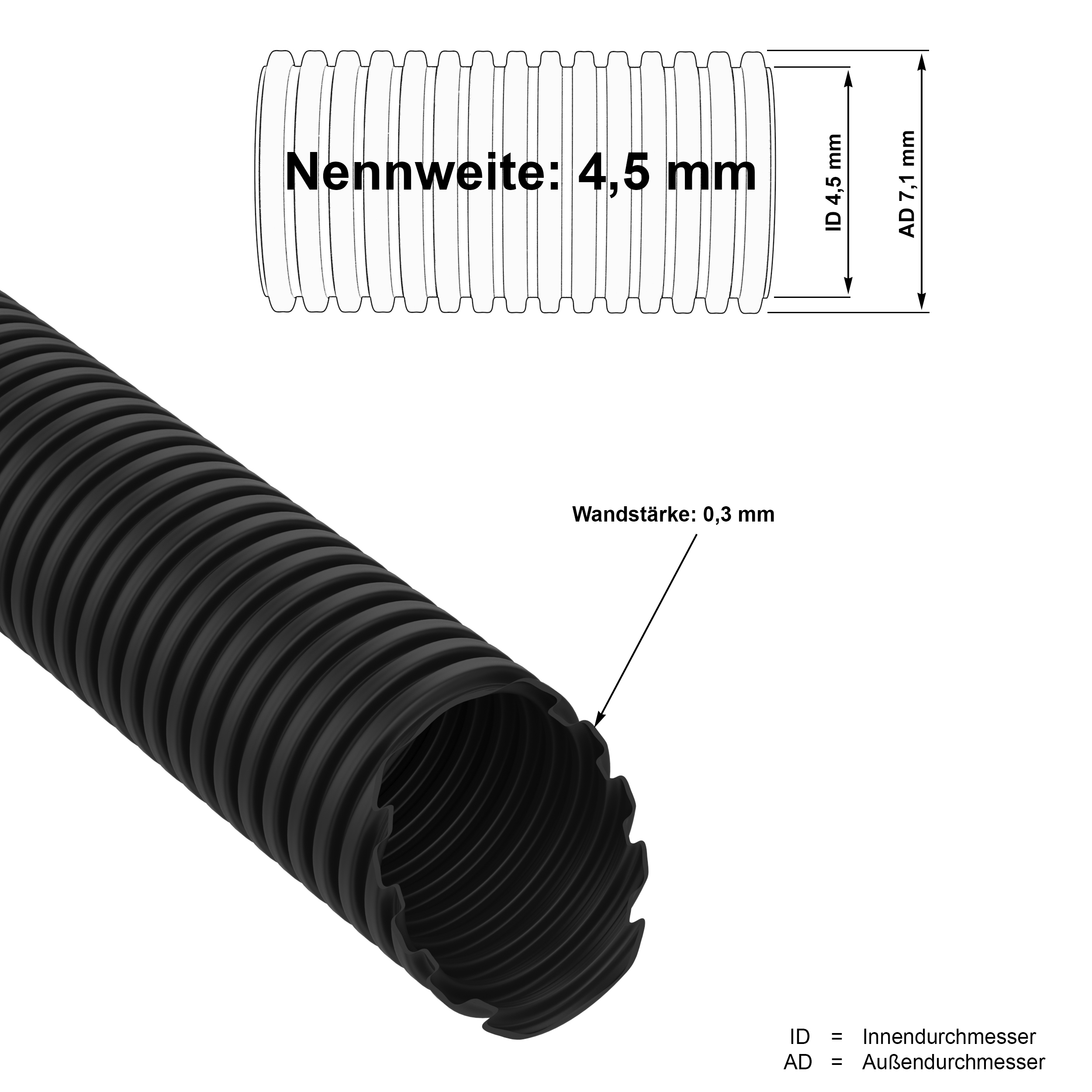 5m PP Wellrohr schwarz ungeschlitzt M7 innen Ø 4,5 mm UV- und Hitze beständig