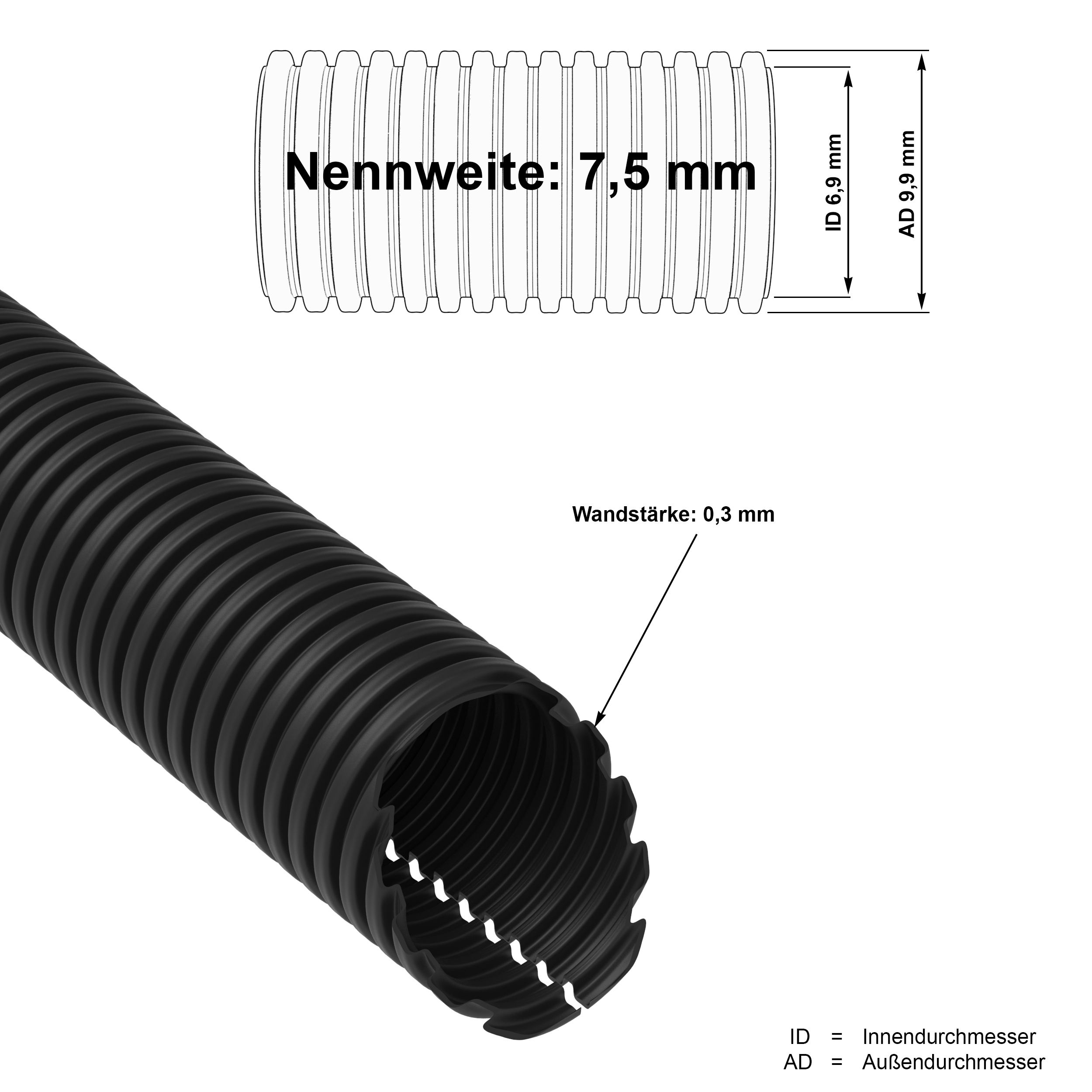 10m PP Wellrohr schwarz geschlitzt M10 innen Ø 7,5 mm UV- und Hitze beständig
