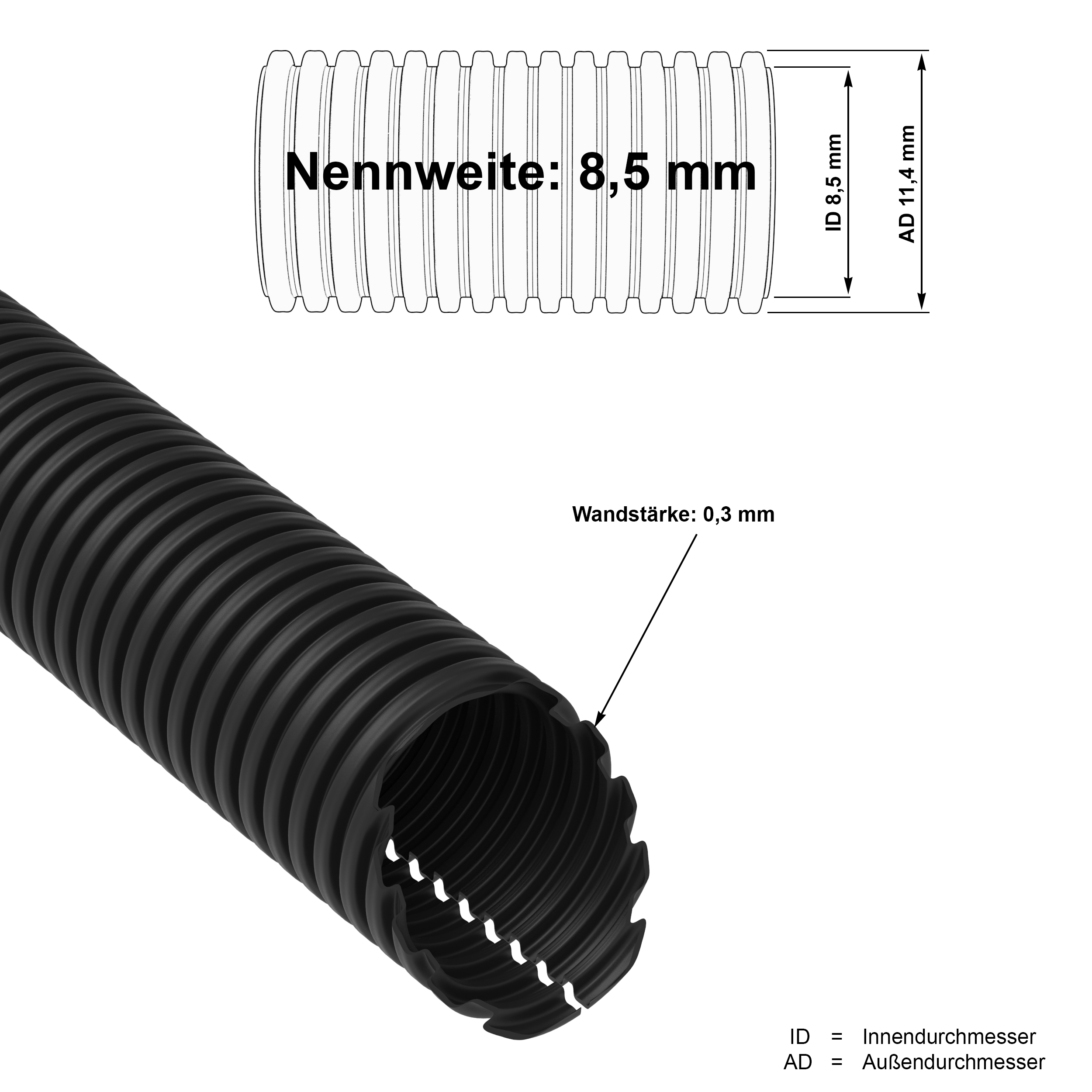 6m PP Wellrohr schwarz geschlitzt M12 innen Ø 8,5 mm UV- und Hitze beständig