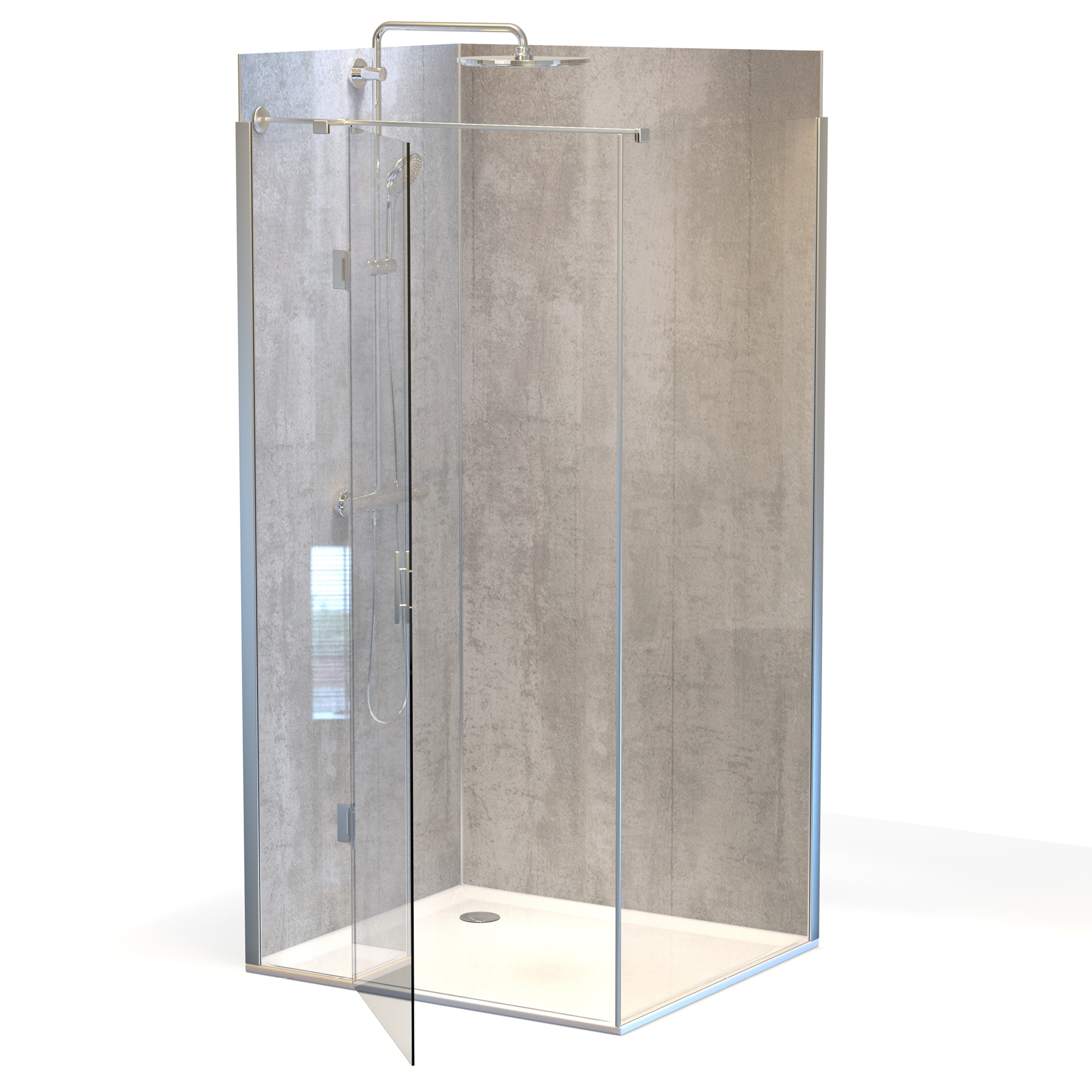 Duschrückwand 3mm Beton Soft 3er Set 2100 x 1000 mm Aluminium inkl. Profile 2x Inneneck, 2x Abschluss, 1x Verbinder, Weiß